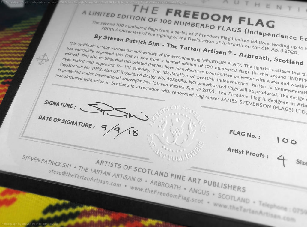 The certificate, signed and embossed ltd edition Freedom tartan flag
